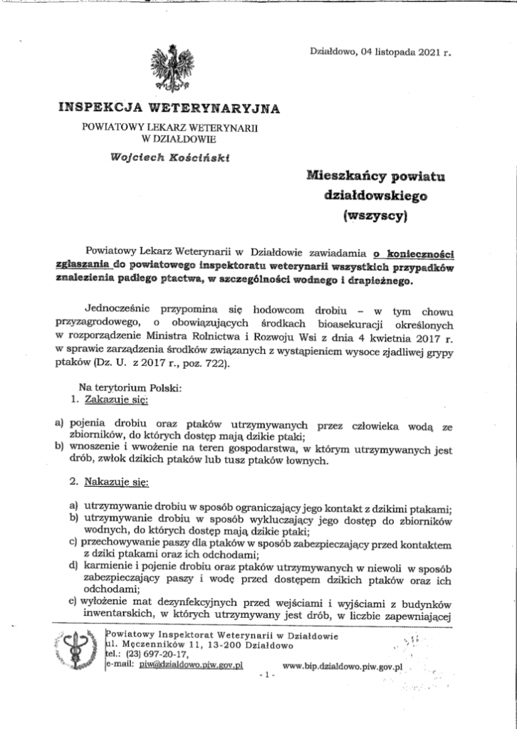Komunikat Powiatowego Lekarza Weterynarii z dn. 4 listopada 2021 r.
