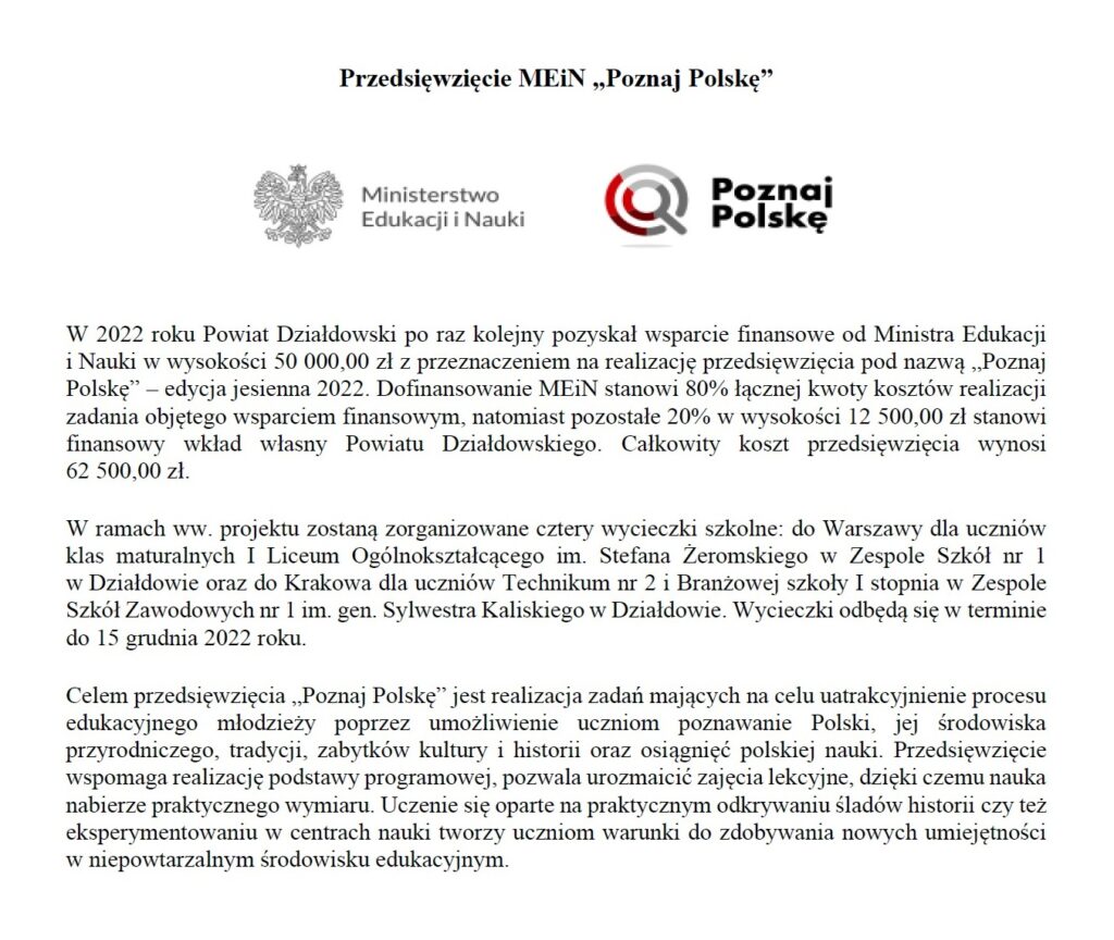 Powiat Działdowski po raz kolejny pozyskał wsparcie finansowe na realizację przedsięwzięcia „Poznaj Polskę” – edycja jesienna 2022