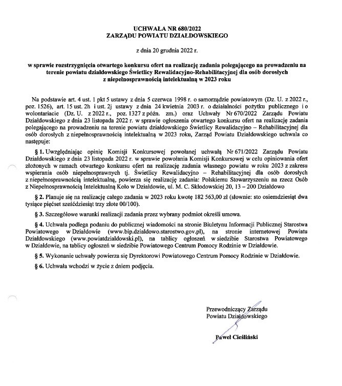 Uchwała Zarządu Powiatu Działdowskiego Nr 680/2022 z dn. 20 grudnia 2022 r.