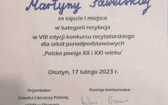 Sukces uczennicy lidzbarskiego LO Martyny Pawelskiej w konkursie recytatorskim!