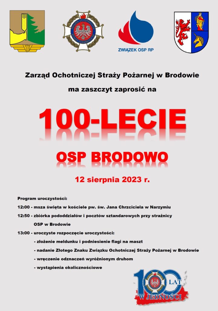 Zaproszenie na obchody 100-lecia OSP Brodowo