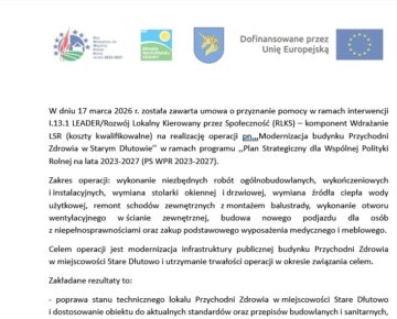 Dofinansowanie do realizacji projektu "Modernizacja budynku Przychodni Zdrowia w Starym Dłutowie"