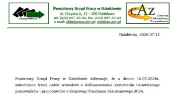 Informacja o zakończeniu naboru wniosków o dofinansowanie z KFS 2026
