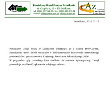 Informacja o zakończeniu naboru wniosków o dofinansowanie z KFS 2026